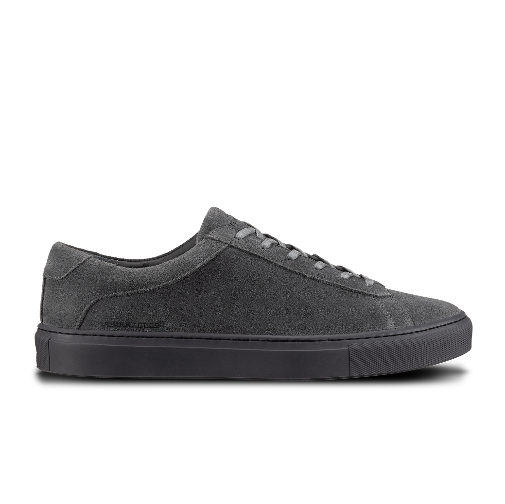 Side view of Koio x La Marzocco Capri sneaker in charcoal grey calf suede with La Marzocco lettering