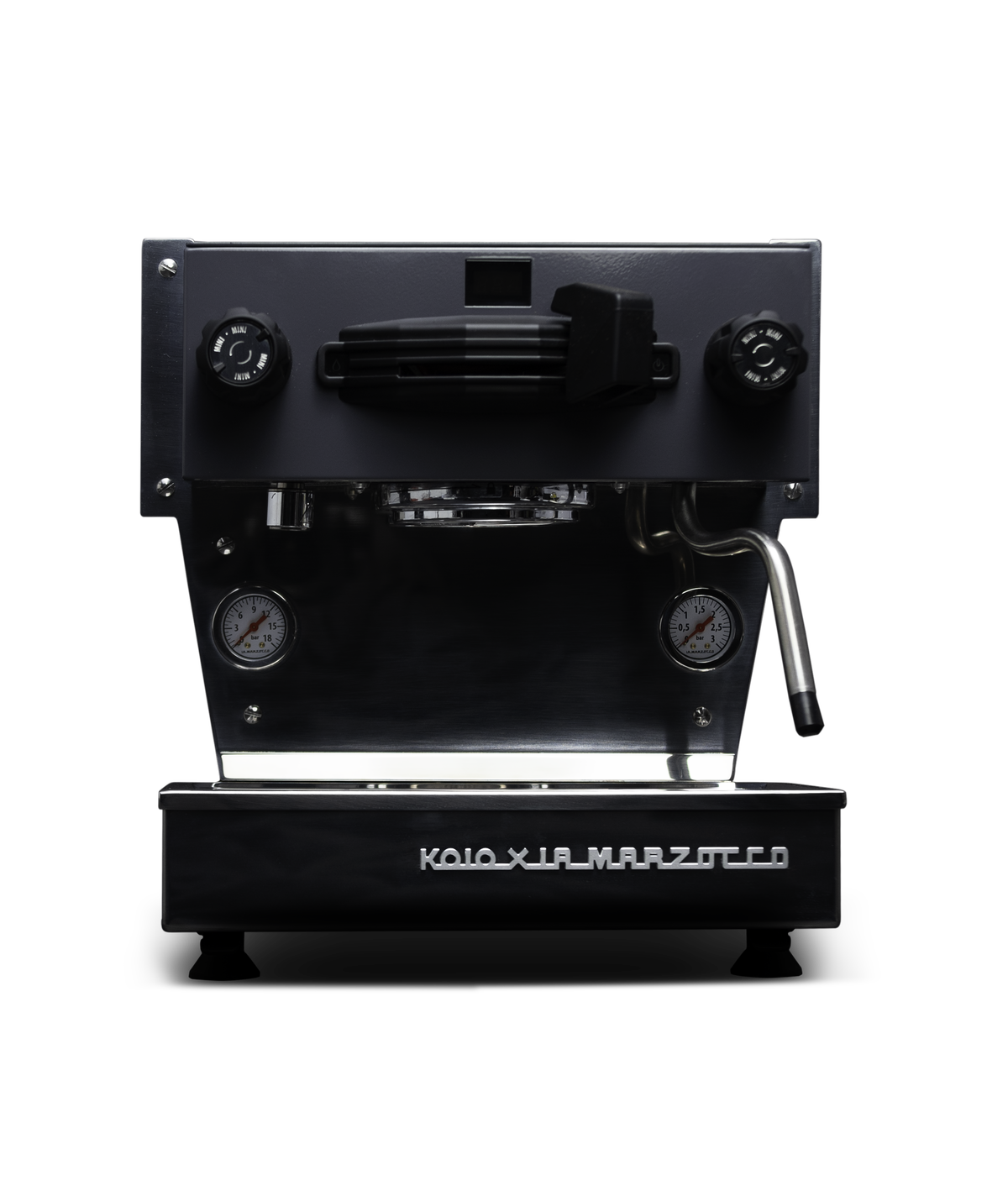 Front view of Koio x La Marzocco Linea Mini espresso machine showcasing shiny charcoal finish and silver wordmark with black background