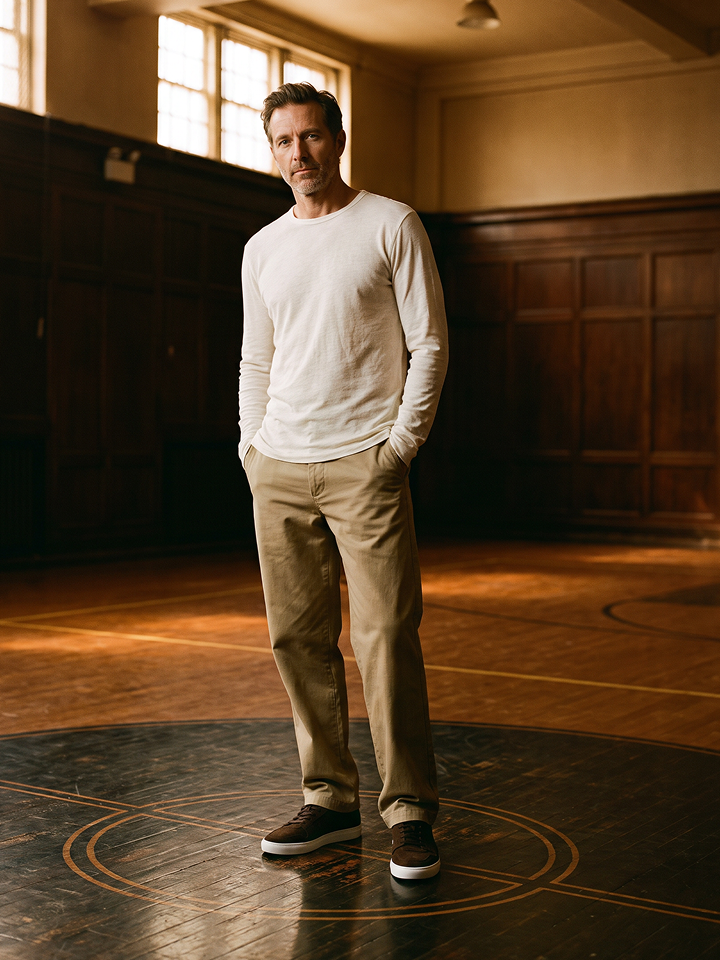 A man wearing a white long-sleeve crewneck shirt, beige chinos, and men's dark brown European suede lace-up sneakers stands in a warm, sunlit indoor gymnasium with wood-paneled walls and a basketball court floor.