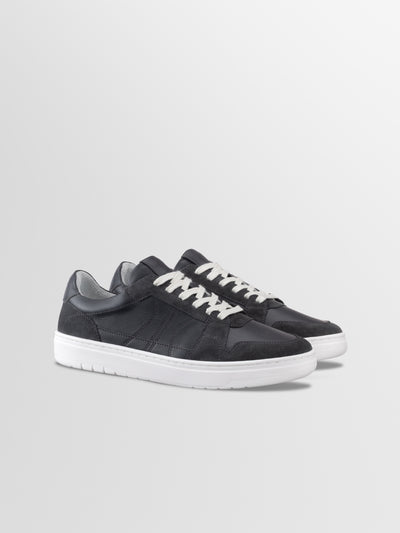 Men's Italian black suede and leather lace-up sneaker with white rubber sole