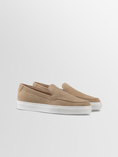 Men's Italian beige suede leather slip on sneaker with white rubber sole
