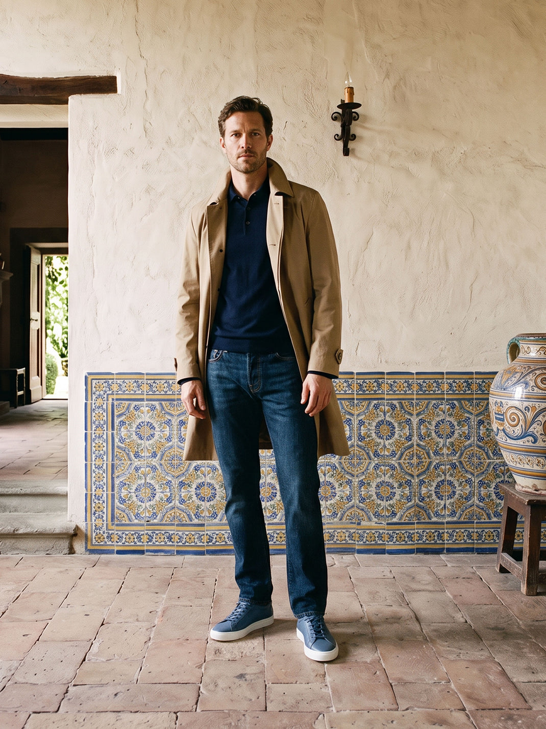 Full view of Capri in Bay men’s blue leather low-top sneakers showcasing white rubber soles on a model in a tiled interior