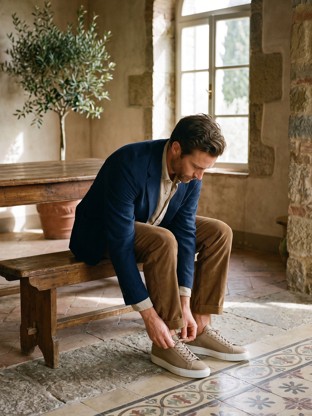 Side view of Capri in Khaki low-top sneakers showcasing tan leather uppers and white rubber soles as a man ties them indoors