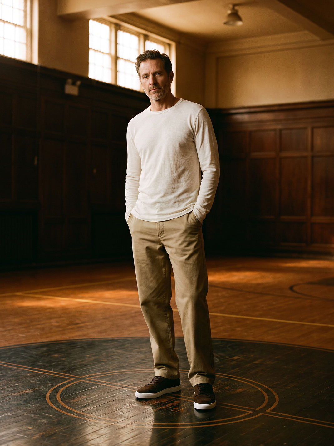 Man standing on a basketball court wearing khakis, a white long sleeve top and men