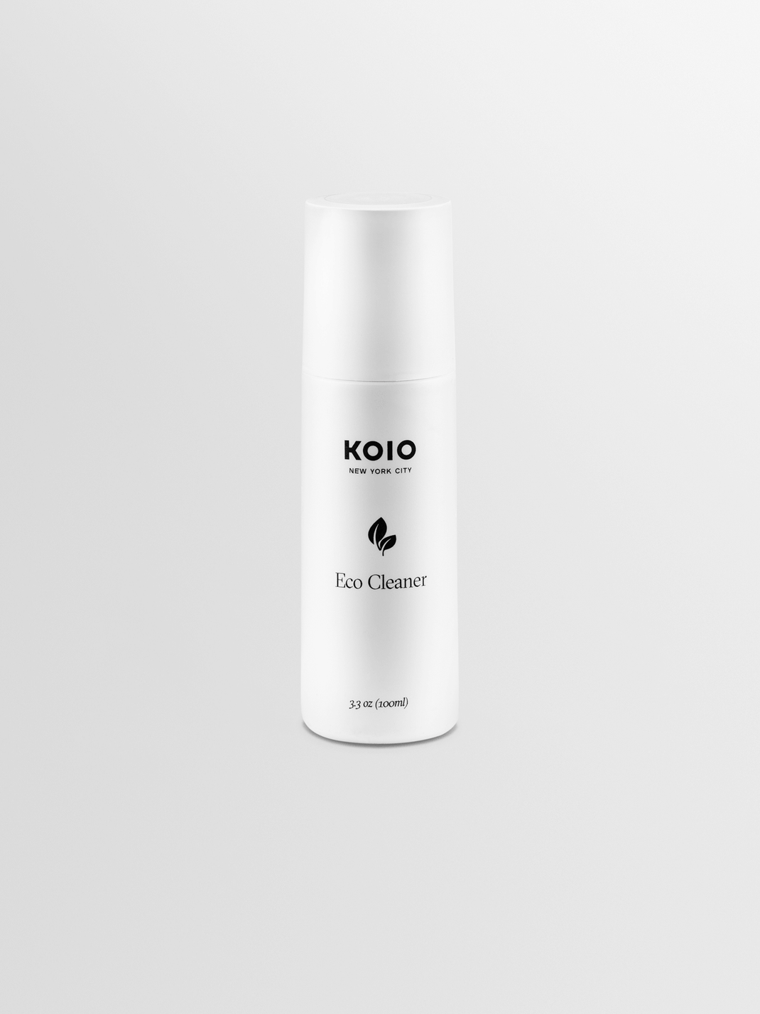 Front view of KOIO Eco Cleaner bottle, 3.3 ounces, showcasing its white cylindrical design on a light gray background